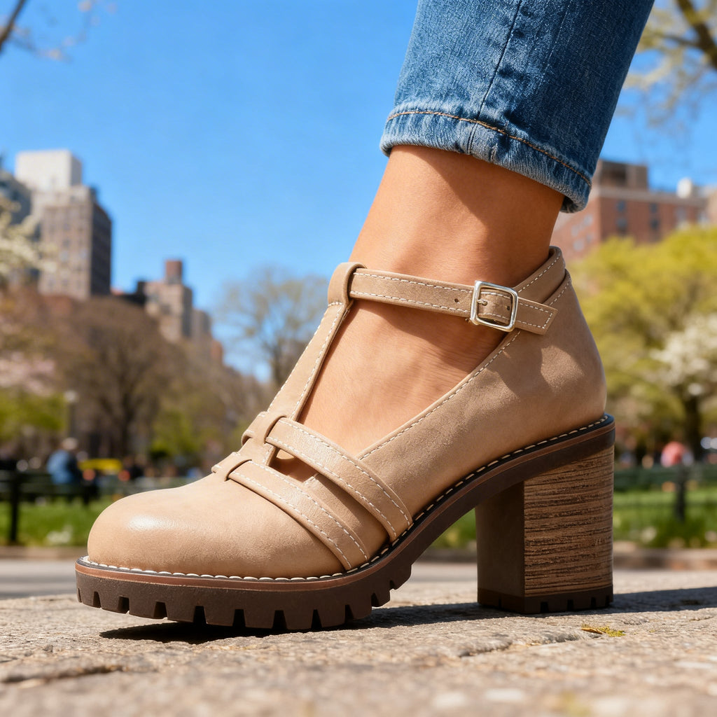 Romilly | Mocasín de Mujer con Tira en T y Tacón Ancho
