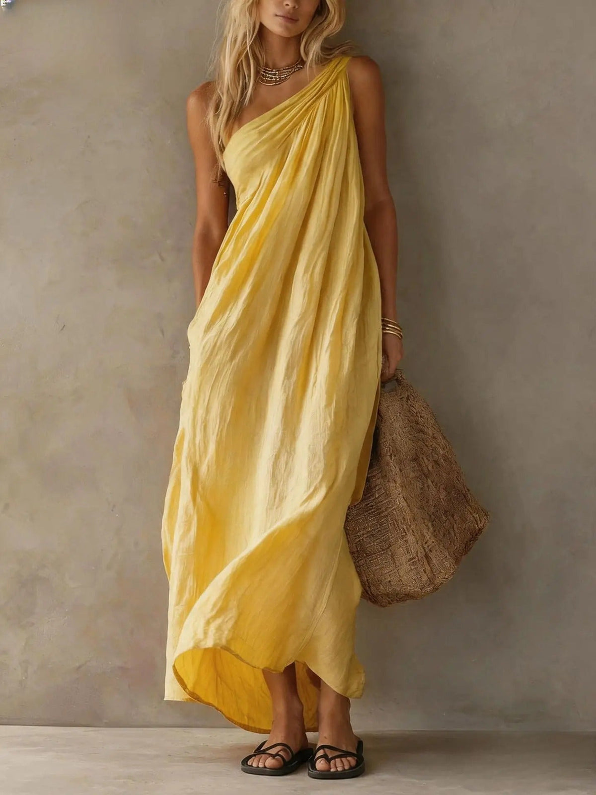 Adriana Vestido Maxi Asimétrico con Efecto Lino