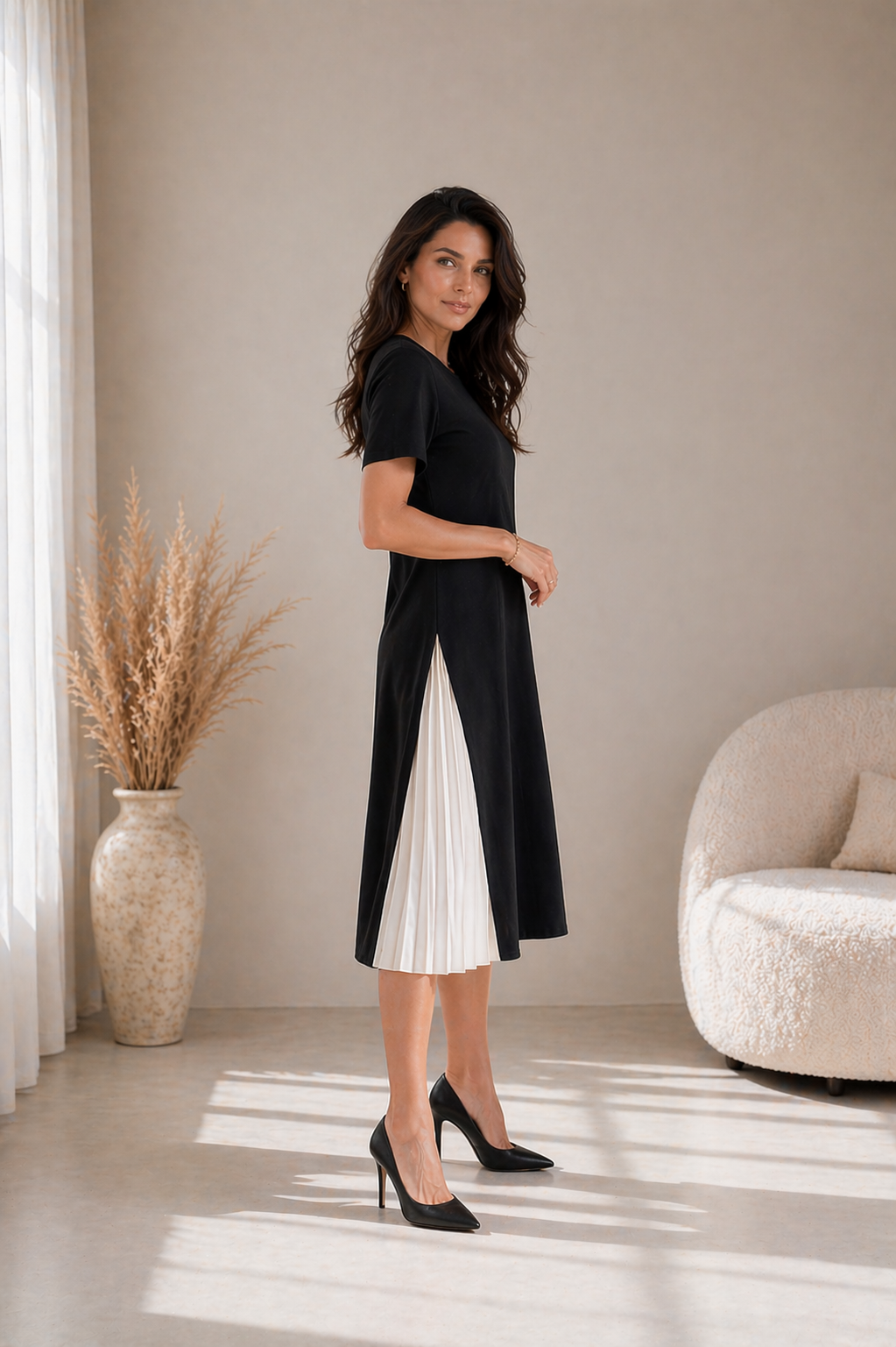 Lisbeth | Vestido midi con panel plisado